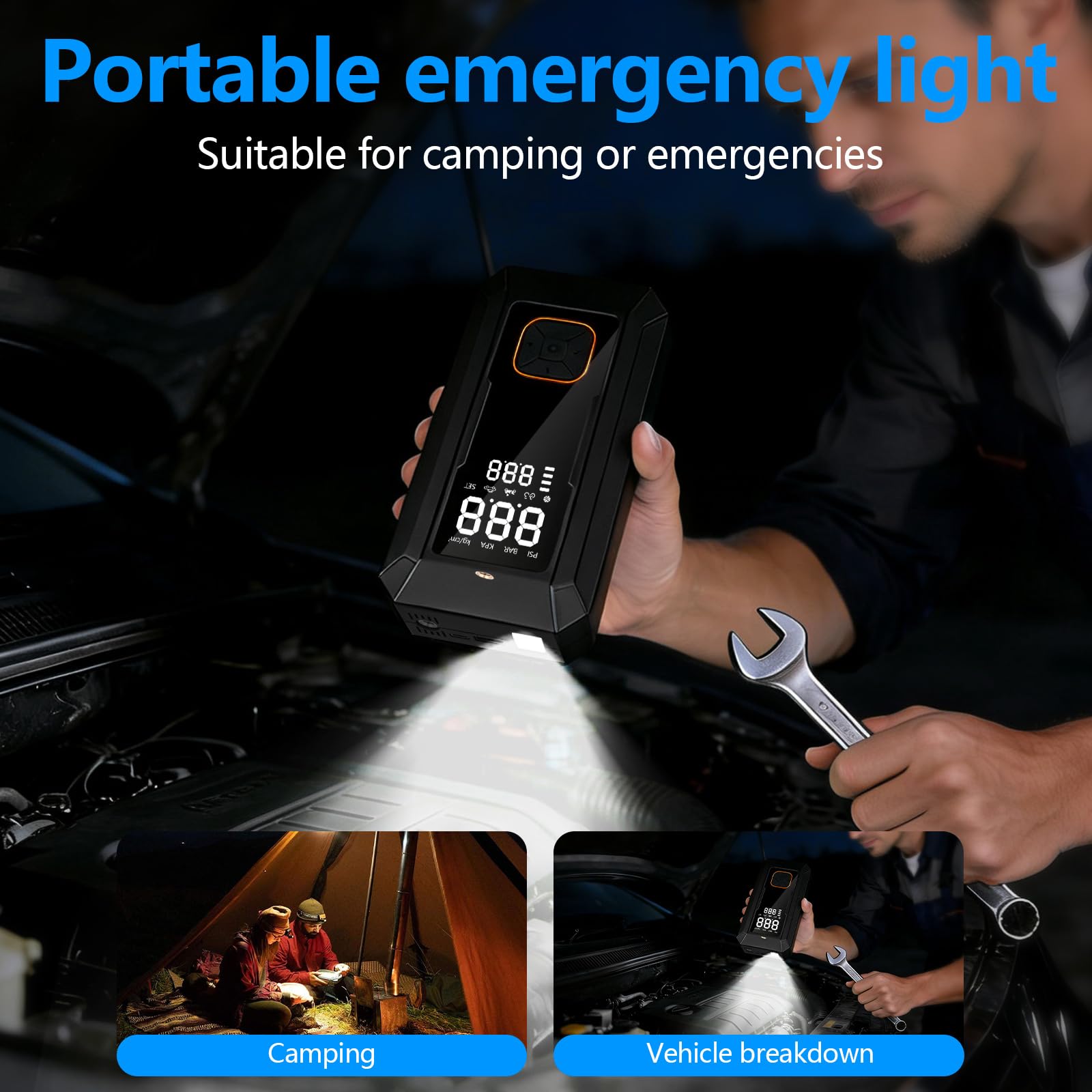 Starthilfe Powerbank für Pkw mit Kompressor 150PSI, Auto Starthilfe Powerbank für All Benzin und 8.0L Dieselmotor, 8000mAh Starthilfegerät mit Starthilfekabel, LED-Licht und LCD-Bildschirm