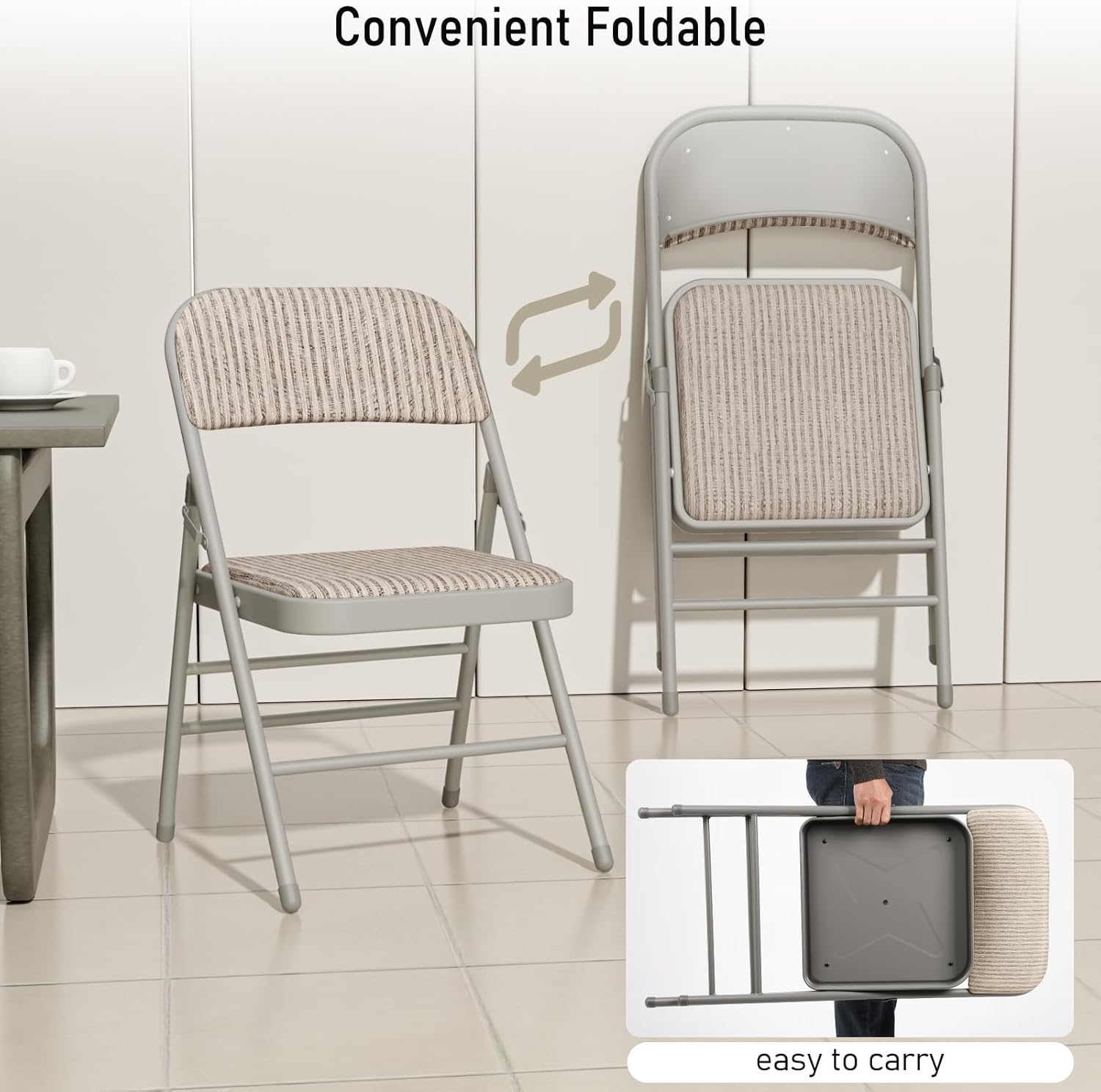 6 Pack Padded Folding Chairs with Cushion Seat, Fabric Dining Chair Set Indoor Outdoor Stackable Portable Folding Chairs with Steel Frame for Home Office Events Wedding Party,Grey