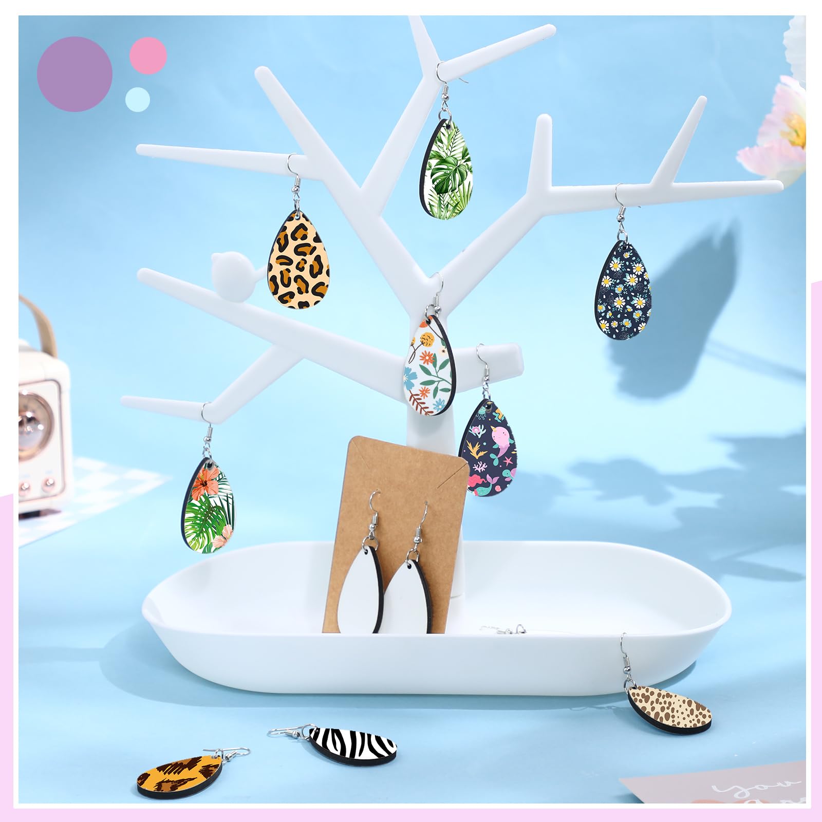Riceshoot 200 Stück Sublimationsohrrohlinge Bulk Sublimation Ohrring mit Ohrringhaken Sprungringe Ohrstöpsel Halter Karten Taschen für Ohrring DIY Herstellung