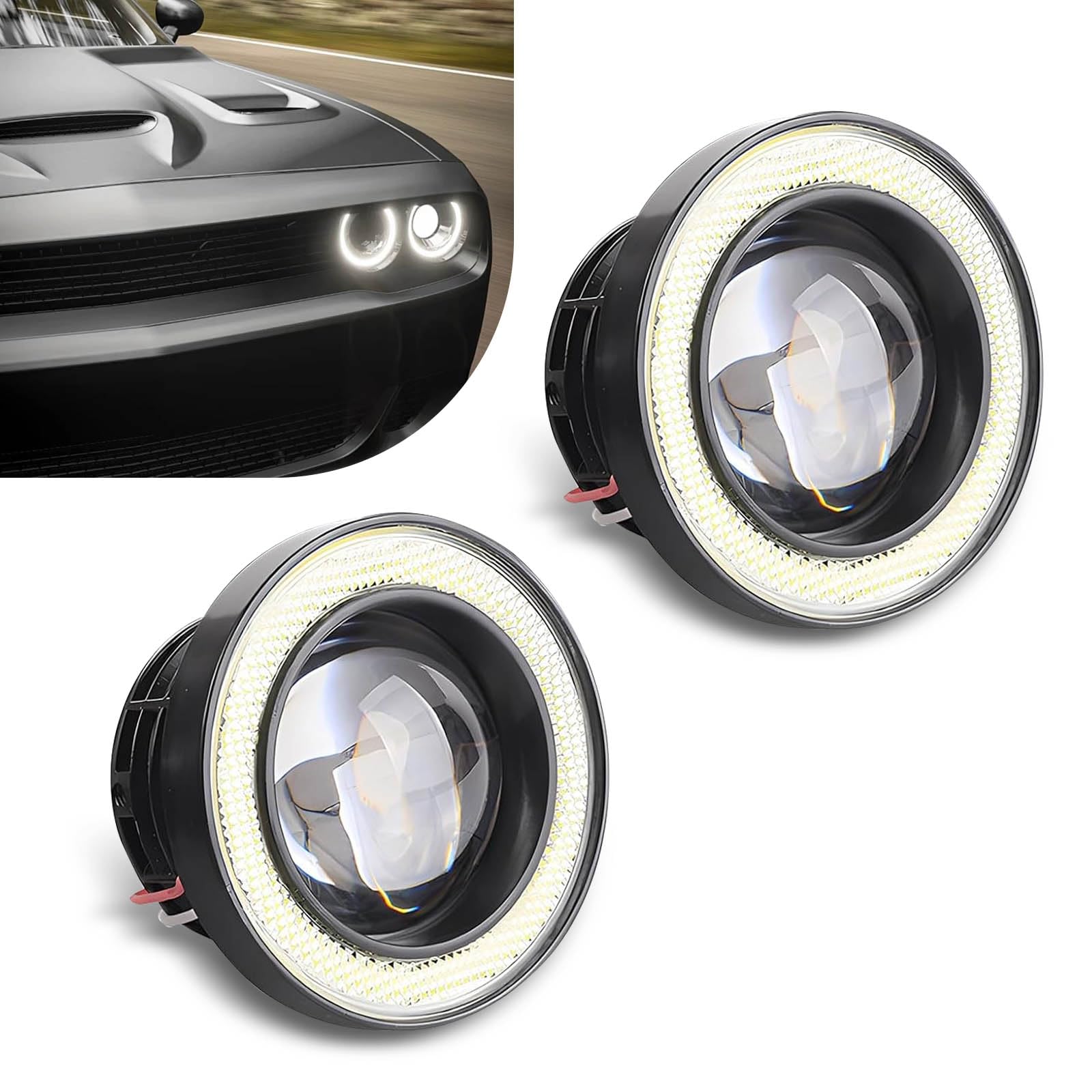 2 PCS Car LED Fog Light, Angel Eye 3" Halo COB Lens 30W Long Life Modified Fish Eye Light with Wiring Harness and Bracket, 1200LM Waterproof Super Bright DRL, Universal for Cars (White)