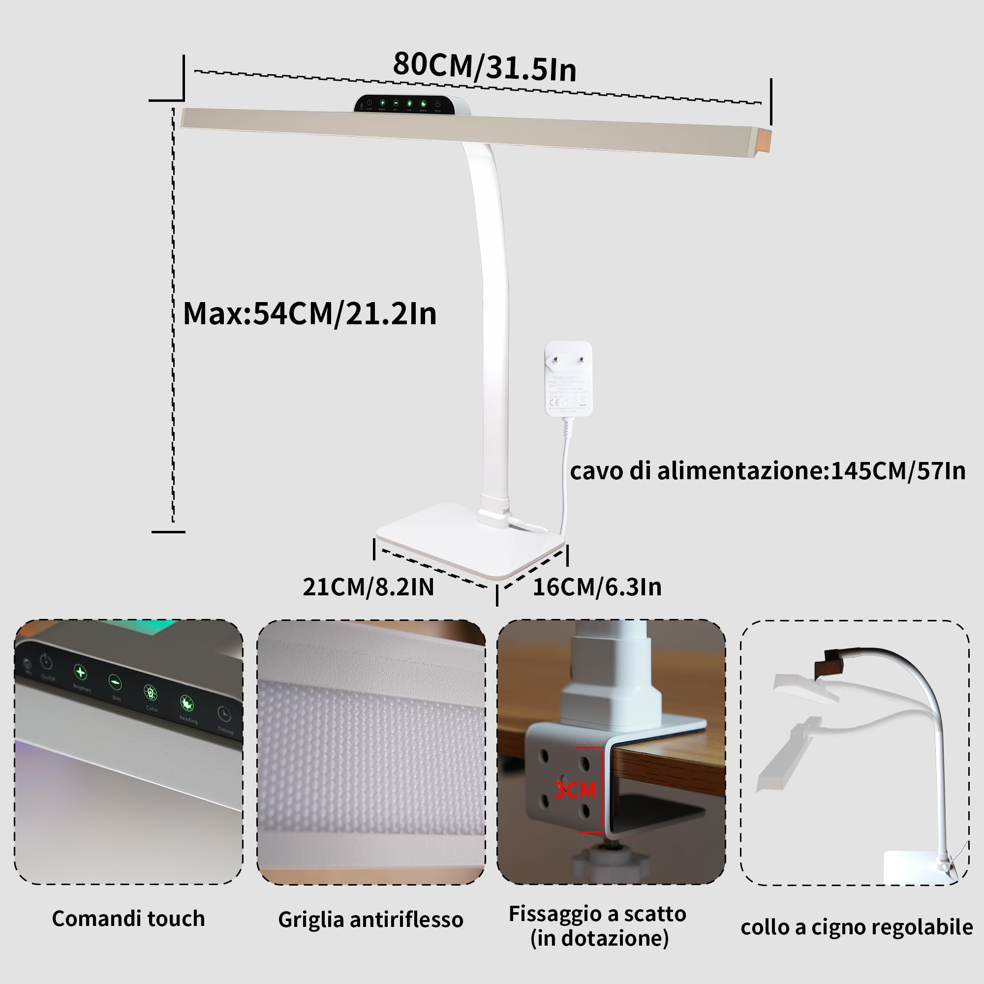 Lampada da Scrivania a LED con Filo,24W 80CM Luce da Scrivania Con Base e Montaggio a Morsetto,Bianco Lampada da Tavolo LED con Braccio Flessibile Dimmerabile,per Studiare, Lettura,Ufficio
