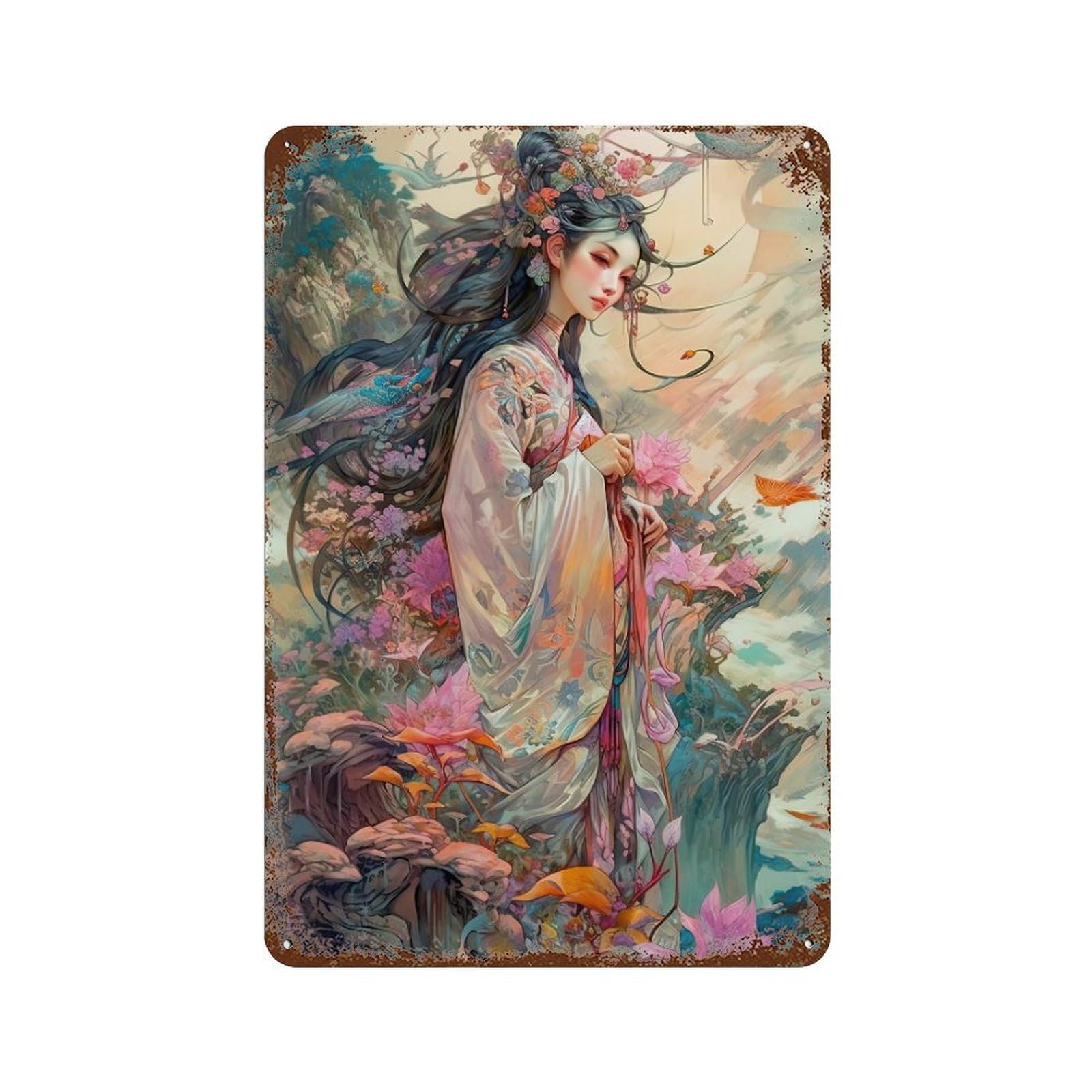 Fantasy Asian Beauty Artwork 11.8"x7.9" Decorative Tin Sign, Retro Wall Decor for Bistro, Counter And Cafe Decor