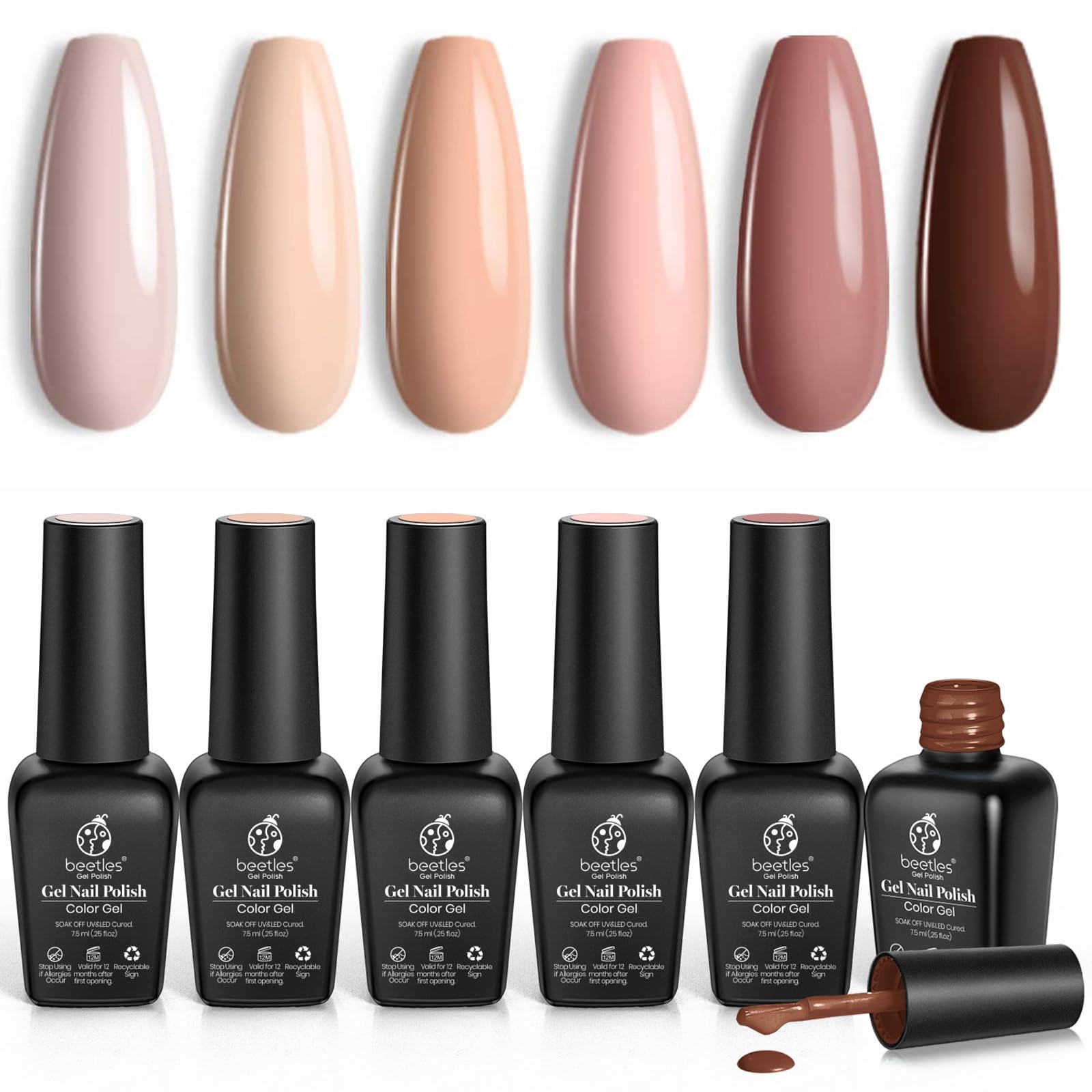 beetles Gel Polish Nail Set 6 Colors Skin Tones Collection Nude Brown Gel Nail Polish Pink Neutral Soak off Uv Led Lamp Needed Manicure Diy Home Gift for Girls