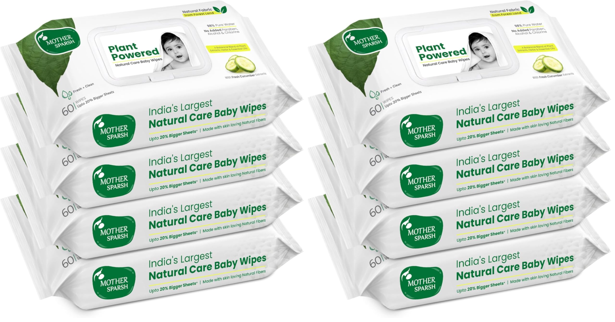 Mother Sparsh Natural Care Baby Water Wipes I 100% Plant Made Fabric From Forest Land | Plant Powered Wet Wipes with Cucumber Extract For Baby I Cotton Cloth Like Bigger Sheets | 60 Pcs (Pack of 8)-image-26