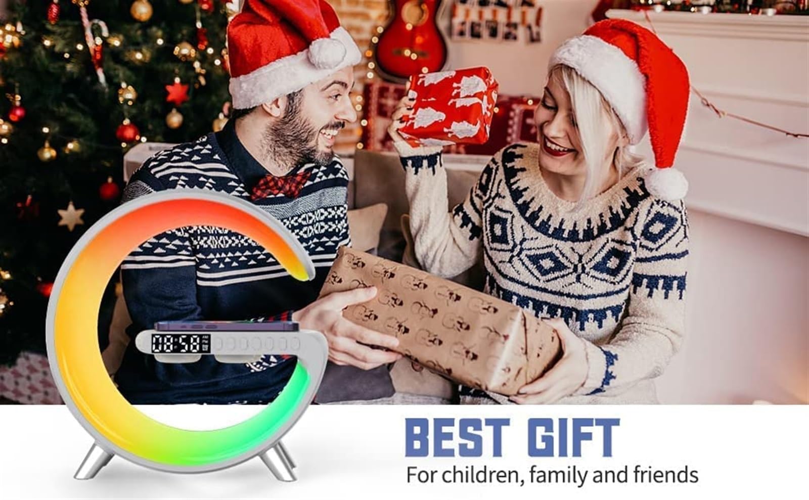 WOLWES Luce notturna con altoparlante - Bluetooth multifunzione 3 in 1 controllato da app con ricarica wireless, luce RGB e caricatore for sveglia Alba for camera da letto e comodino