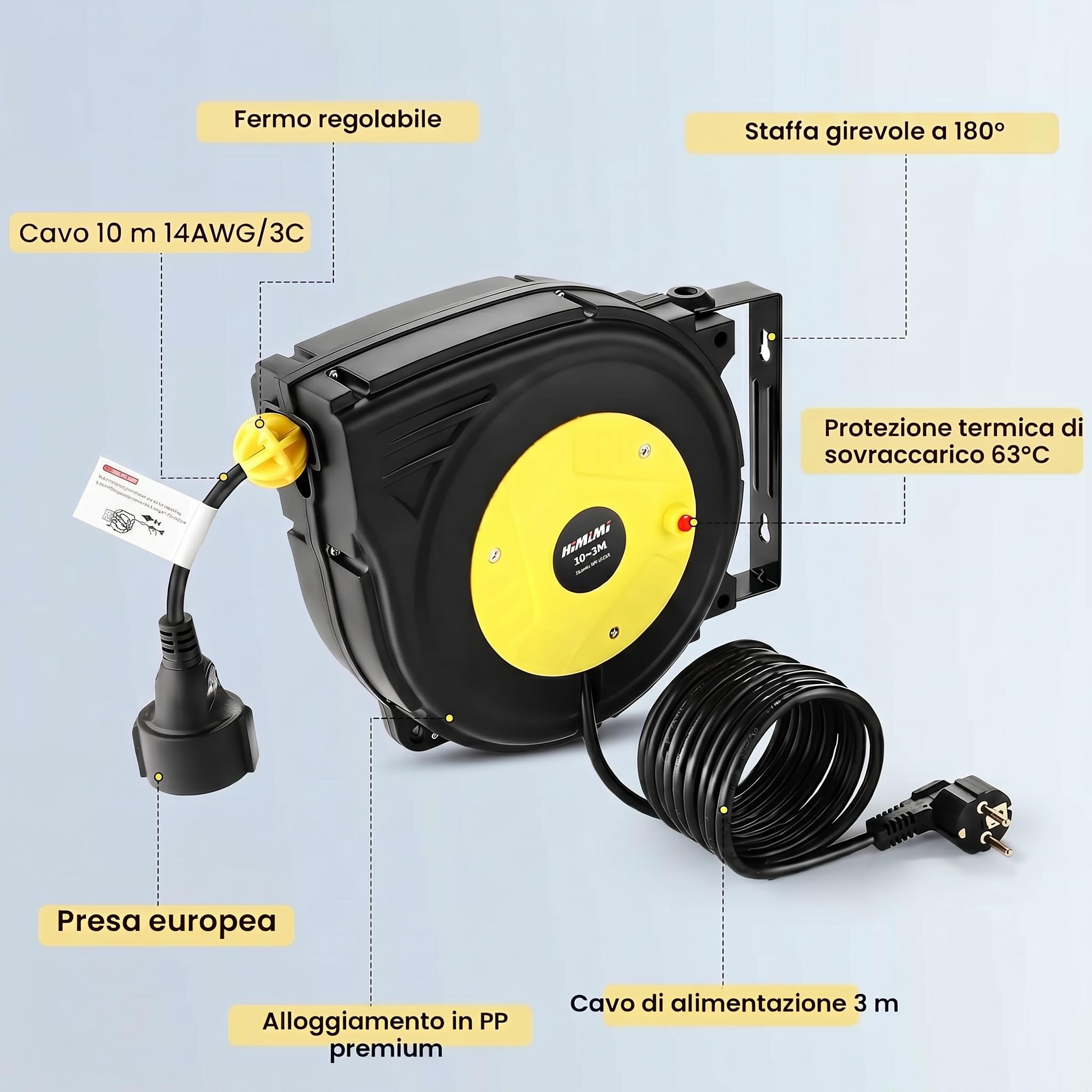 Himimi Avvolgicavo telescopico automatico da 13 m, avvolgicavo da 1250 W-2000 W, con protezione da sovraccarico, impermeabile, per interni/esterni, montaggio a parete/soffitto, rotazione di 180°