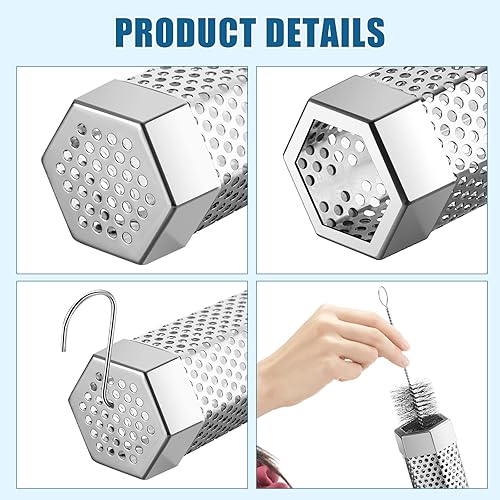 Miniatura 3 de 4 tubos de ahumador de pellets de acero inoxidable de 12 pulgadas, tubo de pellets de madera para ahumar con cepillo de limpieza y 8 ganchos en