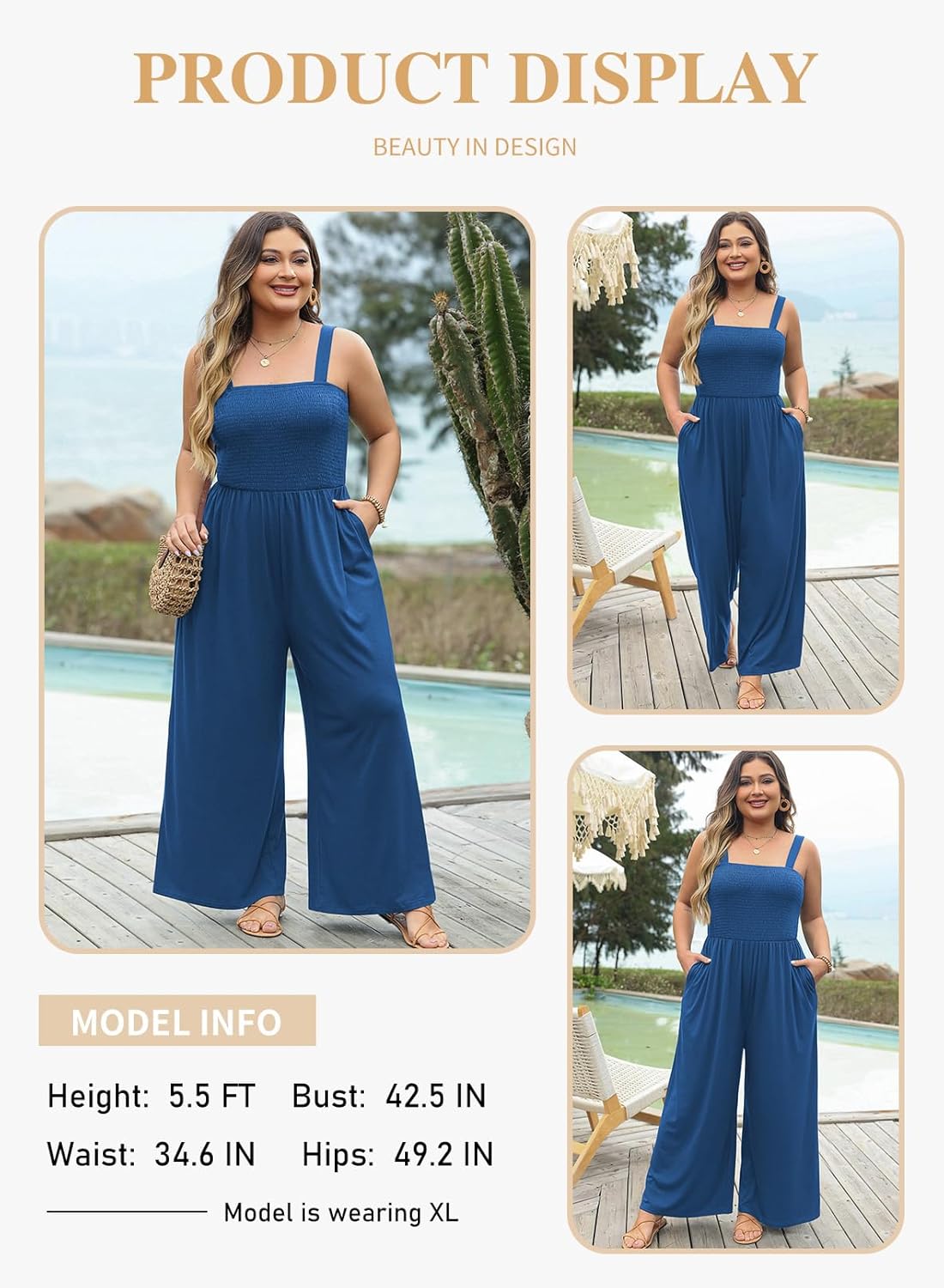 Eytino Plus Size Jumpsuit for Women Spaghetti Strap Sleeveless Overalls Stretchy Wide Leg Pants Long Rompers with Pockets - Image 3