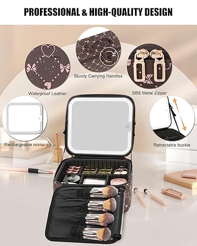 Vista 27 de Relavel Bolsa de maquillaje de viaje con espejo LED, estuche de tren de cosméticos con espejo iluminado, bolsa organizadora portátil para 01-Negro