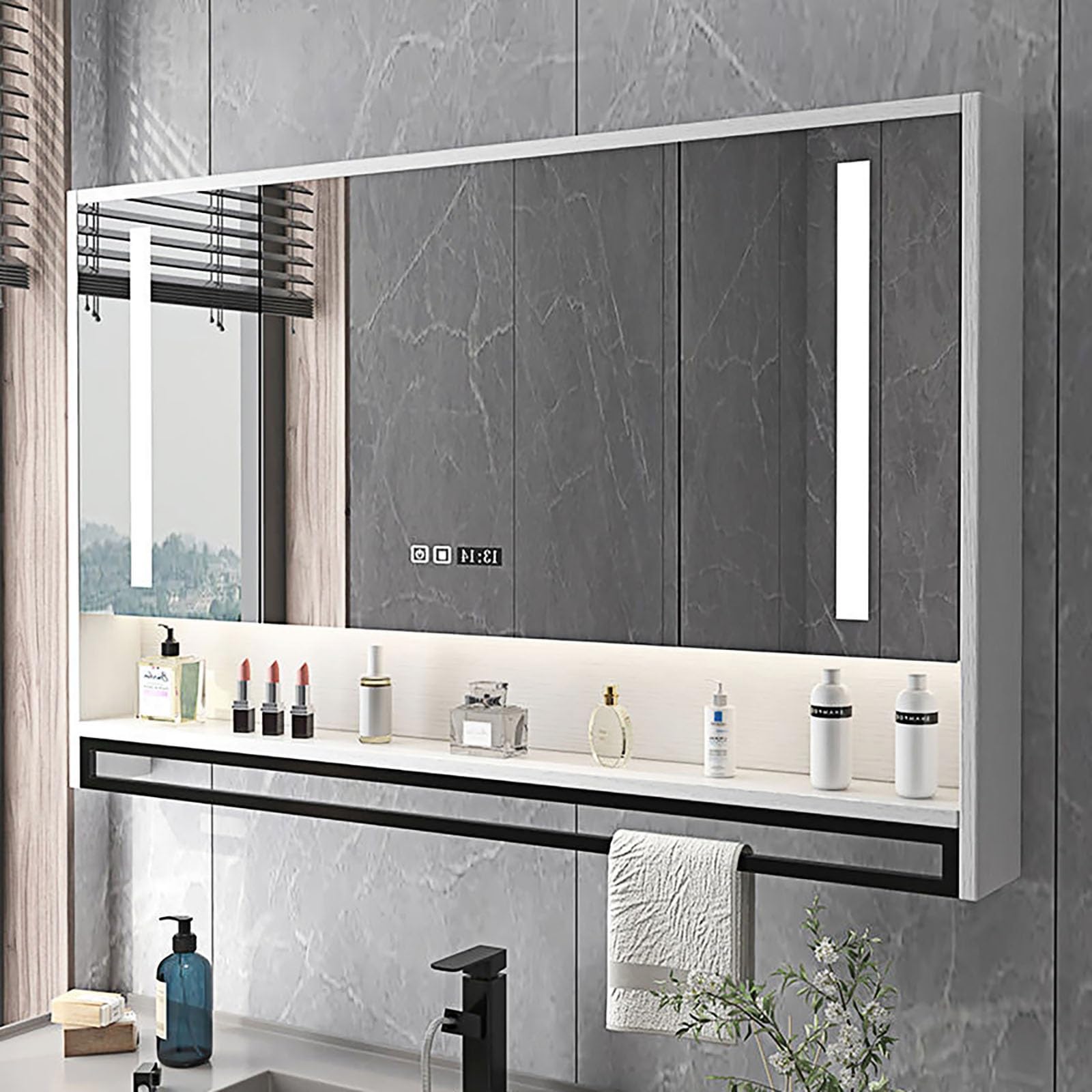 FGXHHS Illuminated LED Cabinet with Defog Button - Stylish Storage Vanity Lights, Modern Design (Black 60x12x75cm) for Makeup and Grooming