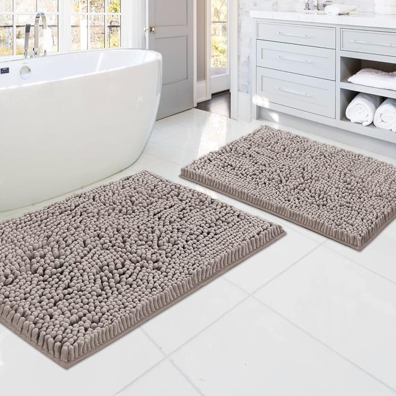 H.VERSAILTEX Alfombras de baño para baño antideslizantes de chenilla de lujo, alfombras de baño extra suaves, absorbentes, alfombras peludas, lavables de secado rápido, 2 piezas (gris pardo, 20 x 32 pulgadas/17 x 24 pulgadas)