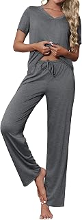 Women's Pajamas Set Soft 2 Piece Lounge Sets V-neck Sleepwear Short Sleeve Top Pants with Pockets