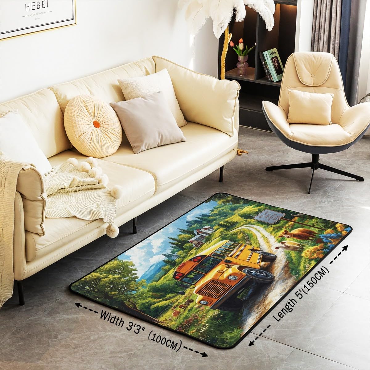 Erosebridal School Bus Area Rug 3x5, Farmhouse Rustic Road Printed Rectangular Carpet for Living Room, Sheep Animals Kids Adults Non Shedding Indoor Floor Mat, Black Green Vehicles Decorative Rug