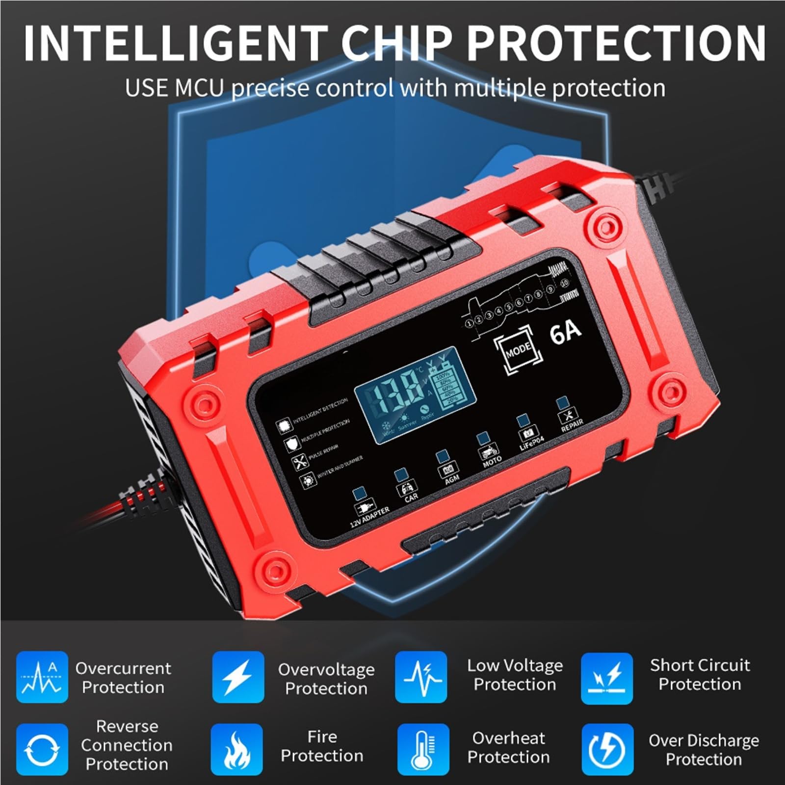 Ładowarka samochodowa 12 V 6 A Smart Car Battery Charger & Maintenancer -10-stopniowa automatyczna ładowarka podtrzymująca z odsiarczaczem do akumulatorów samochodowych,motocyklowych,LiFePo4 Lead-Acid