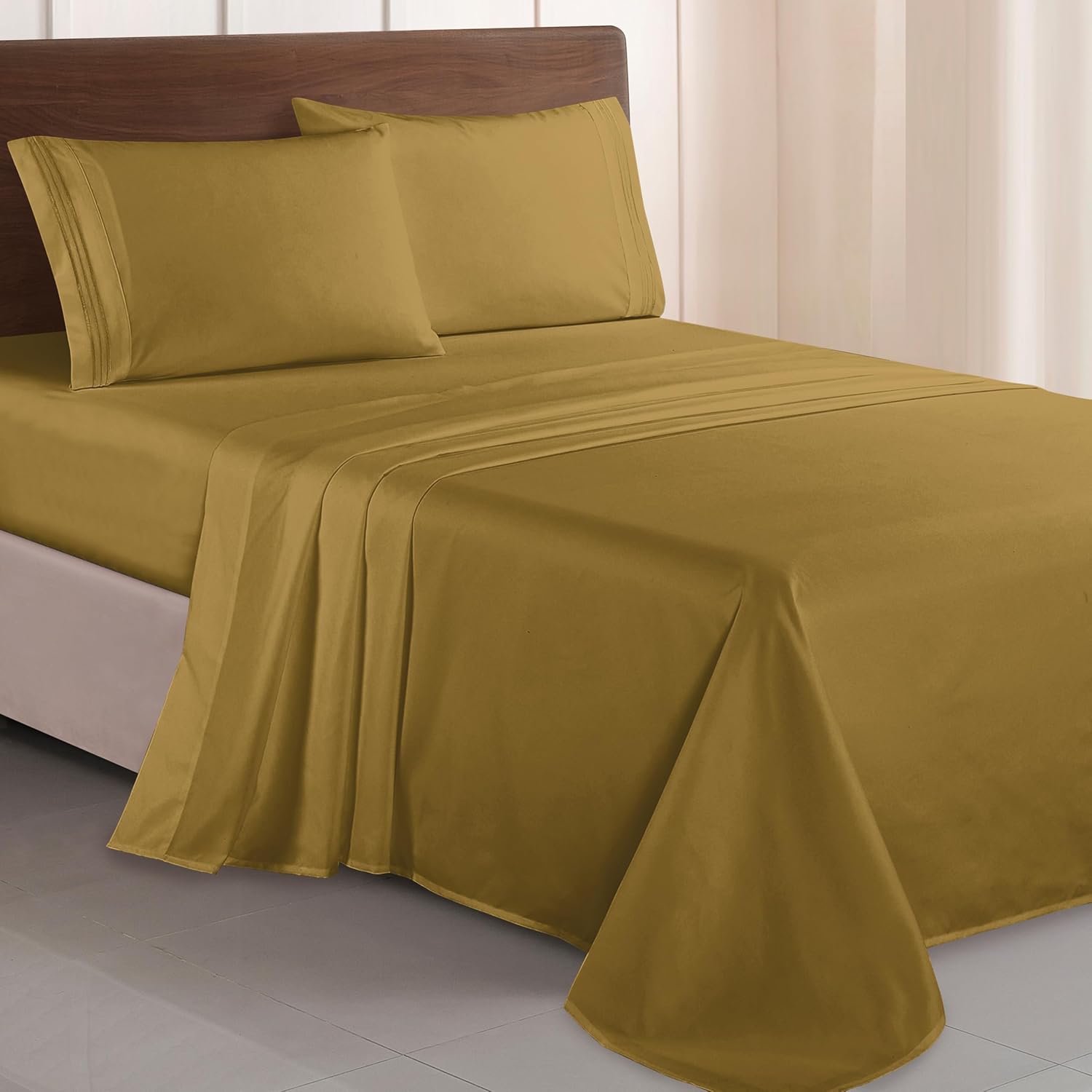 Elegant Comfort Luxurious 1500 Premium Hotel Quality Microfiber Three Line Embroidered Softest 4-Piece Bed Sheet Set, Wrinkle and Fade Resistant, King, Bronze