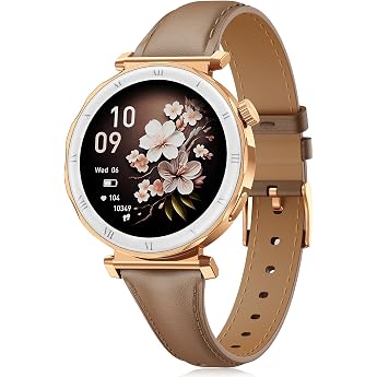 Women's Smartwatch Elegance in Small with 1.19 Inch AMOLED Display and Slim Leather Strap Fitness Watch with Pedometer Sports Modes Pulse/SpO2/Sleep Monitor for iOS/Android Rose Gold/Brown