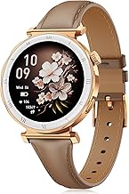 Smartwatch Damen - Eleganz im Kleinen mit 1,19" AMOLED Display & Schmalem Lederarmband, Fitnessuhr mit Schrittzähler, Sportmodi, Puls/SpO2/Schlafmonitor für iOS/Android, Roségold/Braun