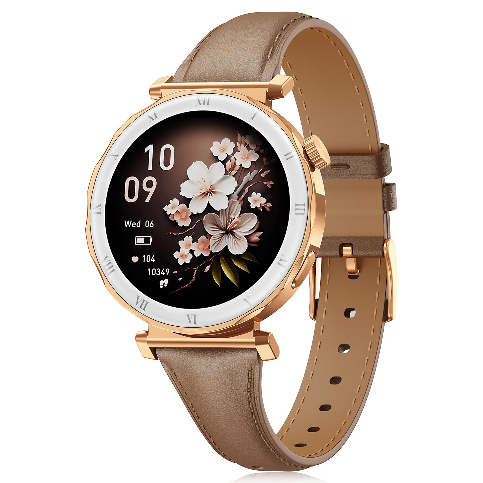 Women's Smart Watch ā Elegant Small, AMOLED Screen 1.19 Inch Smartwatch with Leather Strap, Pedometer, Heart Rate Monitor, Sleep, IP68 Activity Bracelet for Android iOS, Rose Gold/Brown
