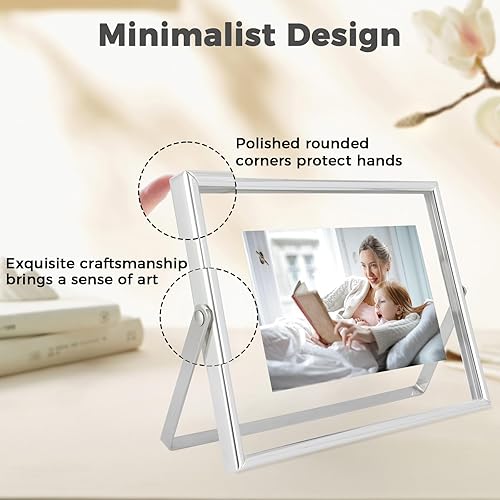 Miniatura 3 de Marco flotante plateado (5 x 7 pulgadas, horizontal), para fotos de 4 x 6, 3 x 5, 2 x 3, marco de fotos de escritorio pequeño, estilo minimalista