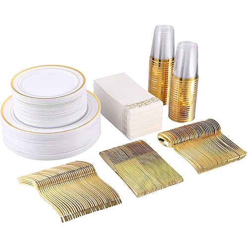 FOCUSLINE 350 Piece Disposable Gold Dinnerware Set for Party or Wedding-100 Gold Rim Plastic Plates - 50 Gold Plastic Silverware - 50 Gold Plastic Cups - 50 Linen Like Gold Paper Napkins(50 Guest)