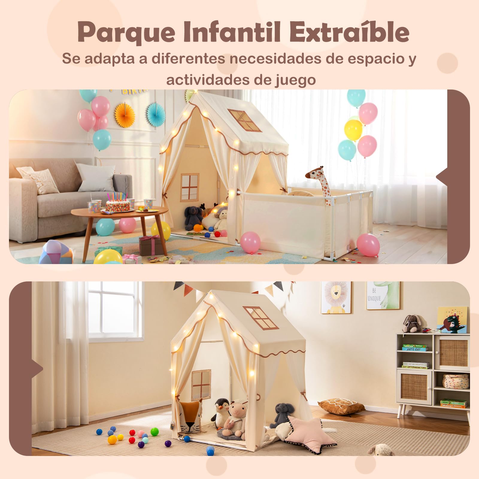GOPLUS Tienda de Campaña Infantil con Parque, tipi Infantil Interior 2 en 1 con Patio, Luces Estrelladas, Alfombra de Algodón Lavable, Cortinas, Ventanas, Tienda de Juegos para Niños de 3+ Años (Café)
