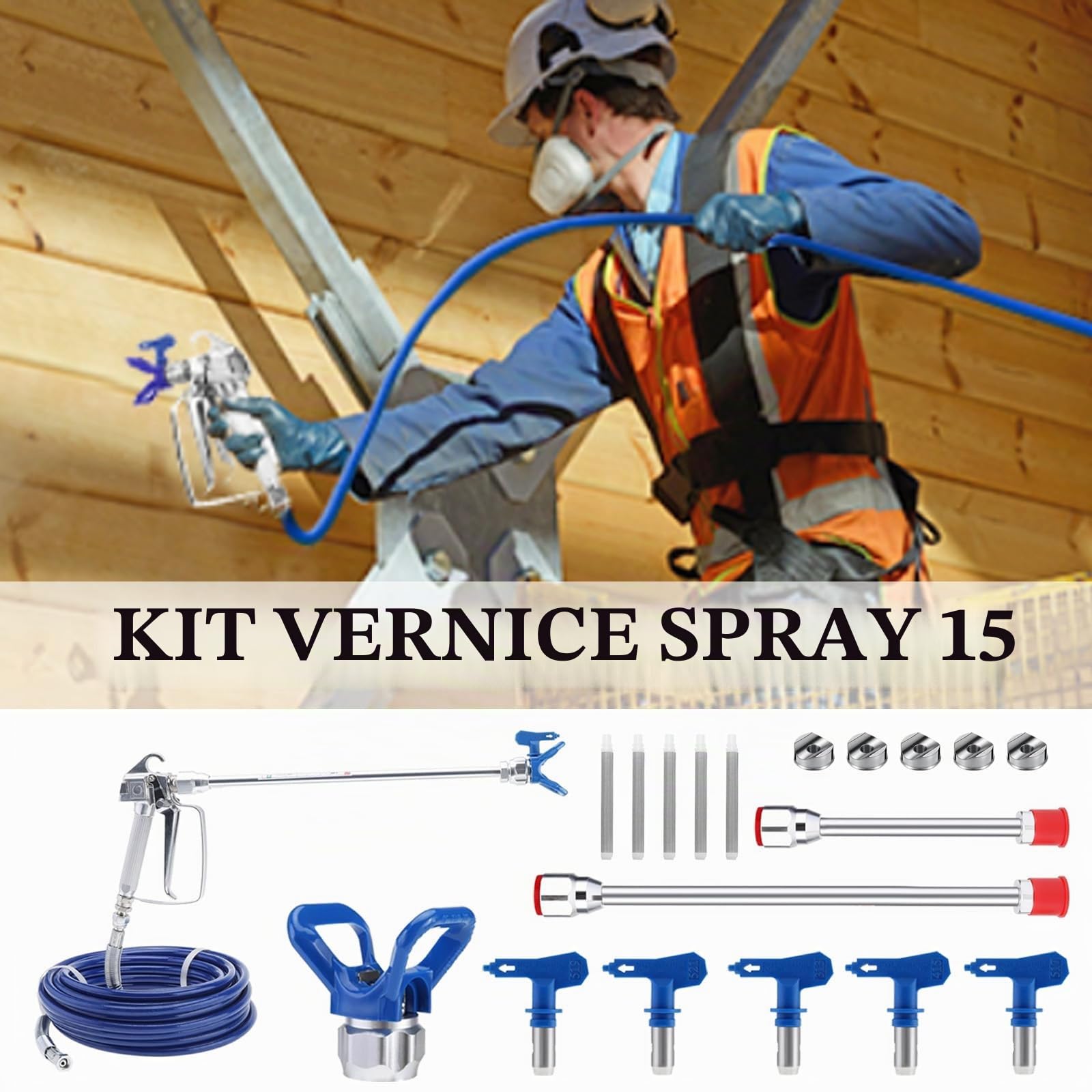 Pistola Spruzzo Vernice, 15 Pezzi Pistola a Spruzzo per Verniciare Airless e Tubo Flessibile Kit con 5 Ugelli, Filtri, Tubo Flessibile, Aste di Prolunga