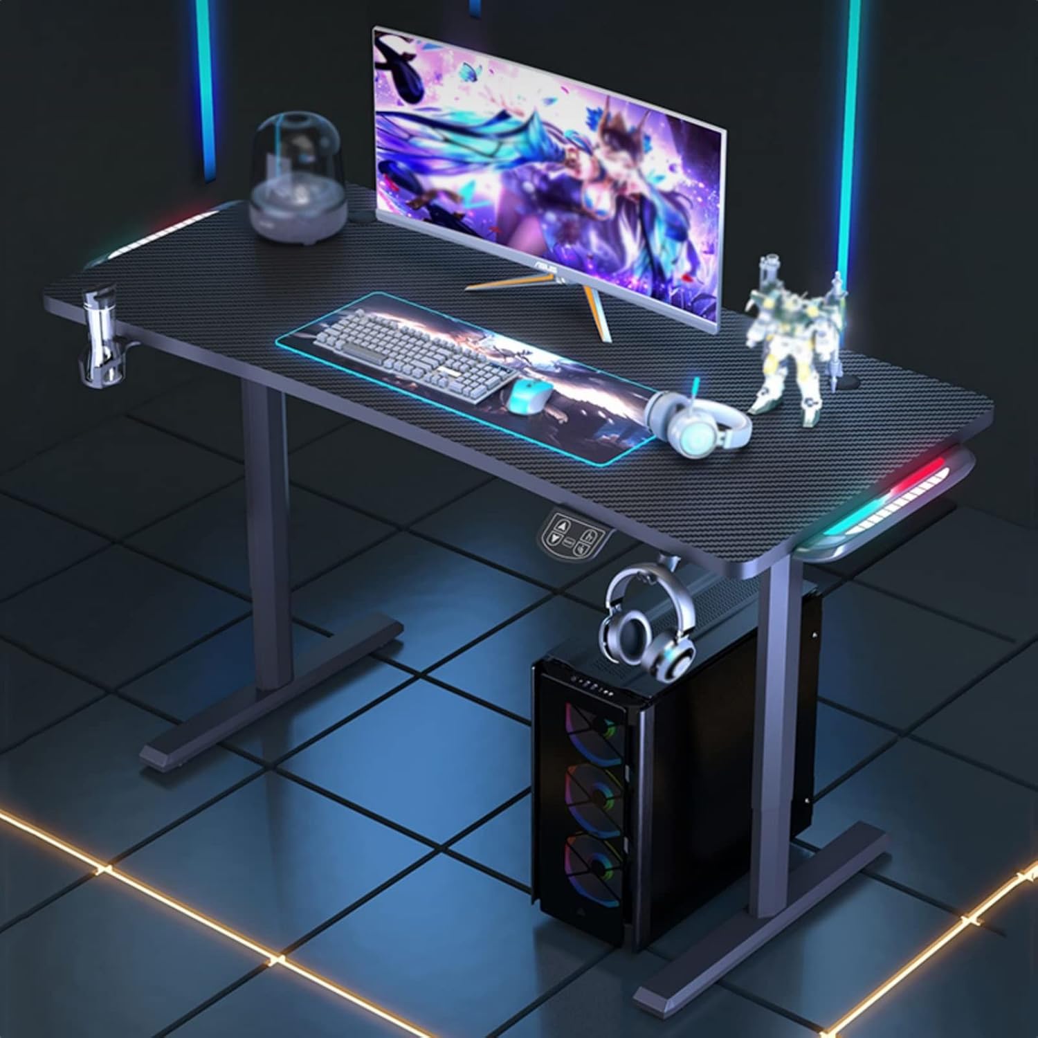TRUNXUCL Gaming Table with LED Lights, Ergonomic Gaming Desk, Height