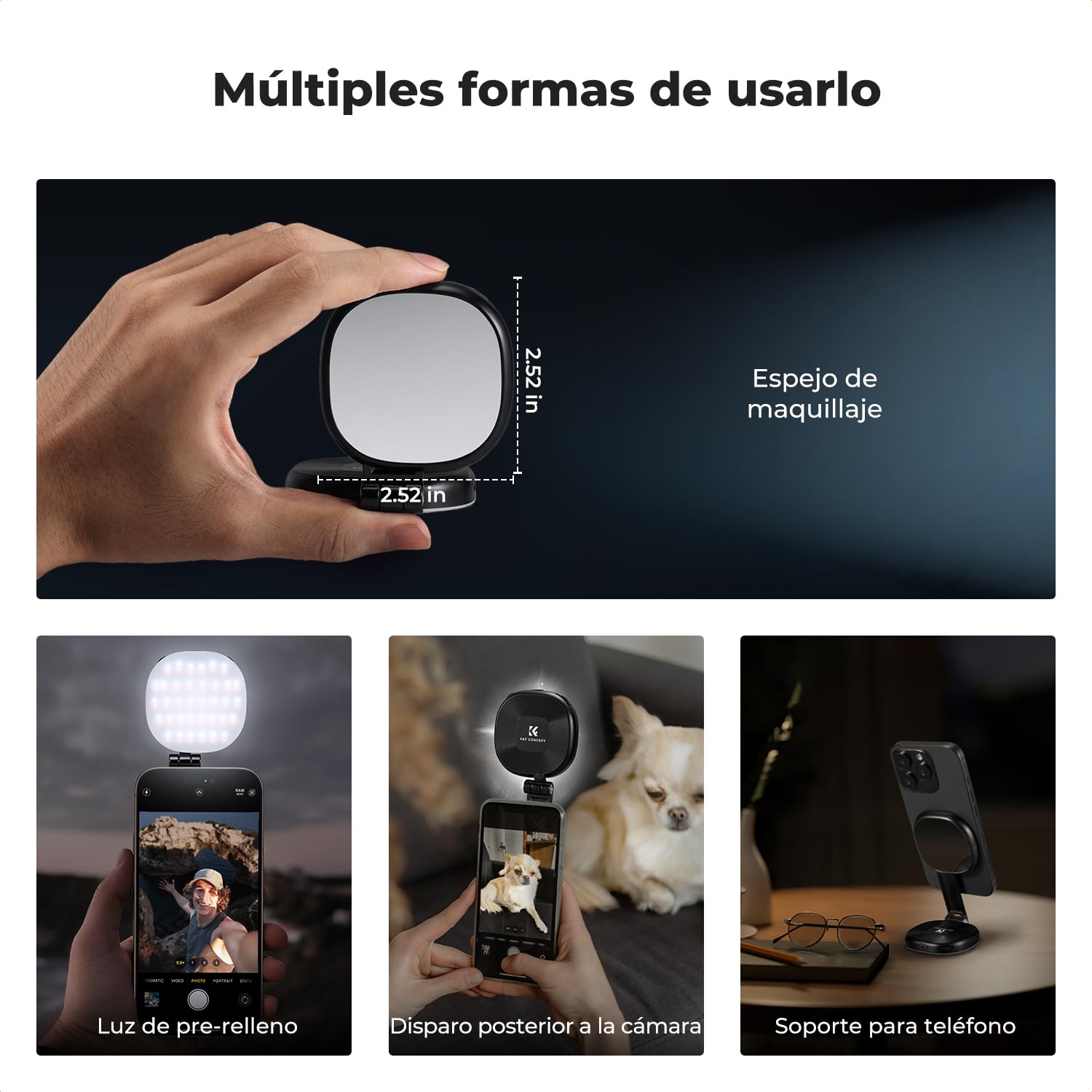 K&F CONCEPT Luz magnética para Selfies con Espejo, Anillo de teléfono móvil de 900 mah Compatible con iPhone Magsafe, luz de Relleno de Anillo de Selfie LED de 360 ° para Selfies, 673lux, Negro