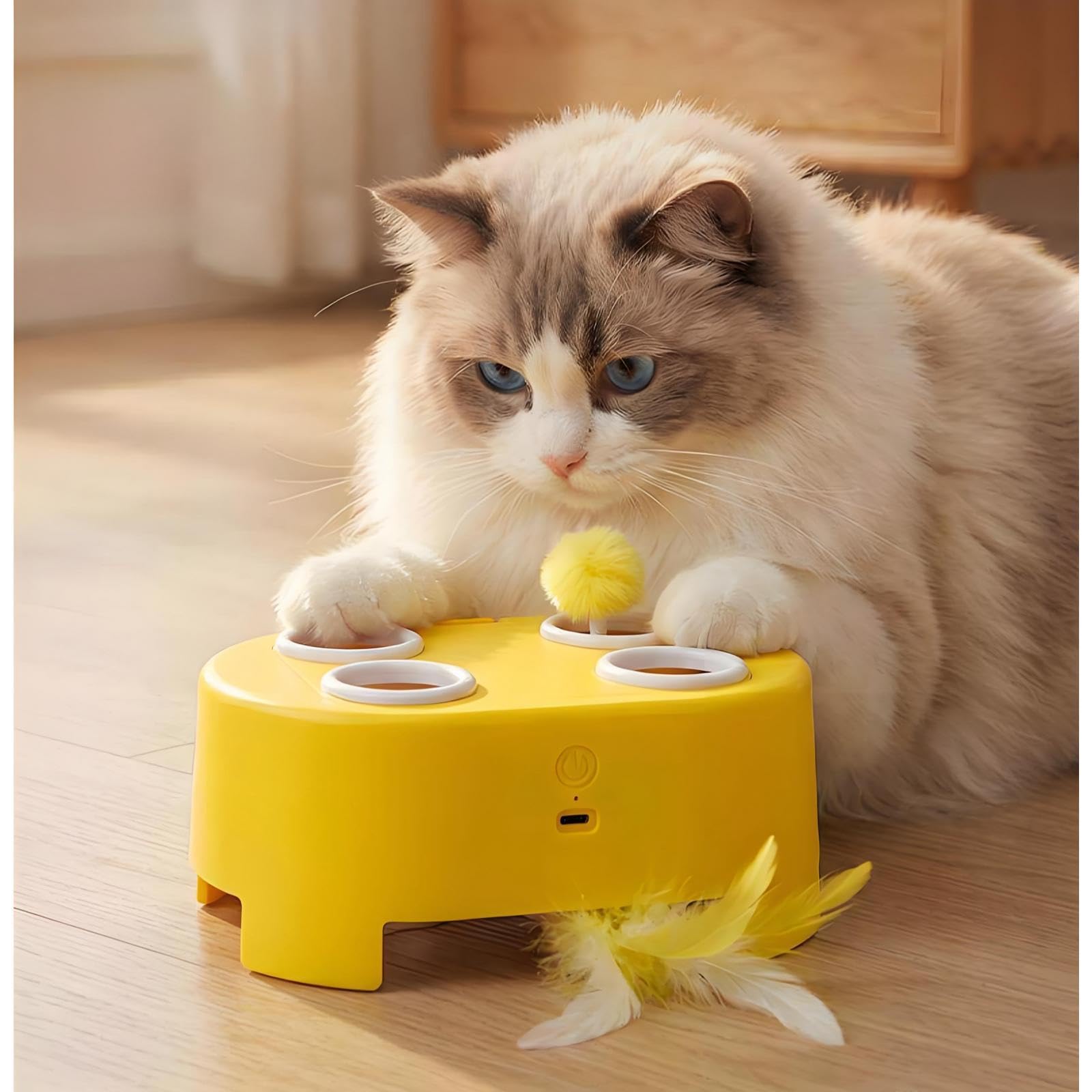 Juguete Interactivo para Gatos, Juguete Eléctrico para Golpear Gatos, Dispositivo de Juego de Plumas con Velocidades Ajustables, Silencioso, Reca, Amarillo