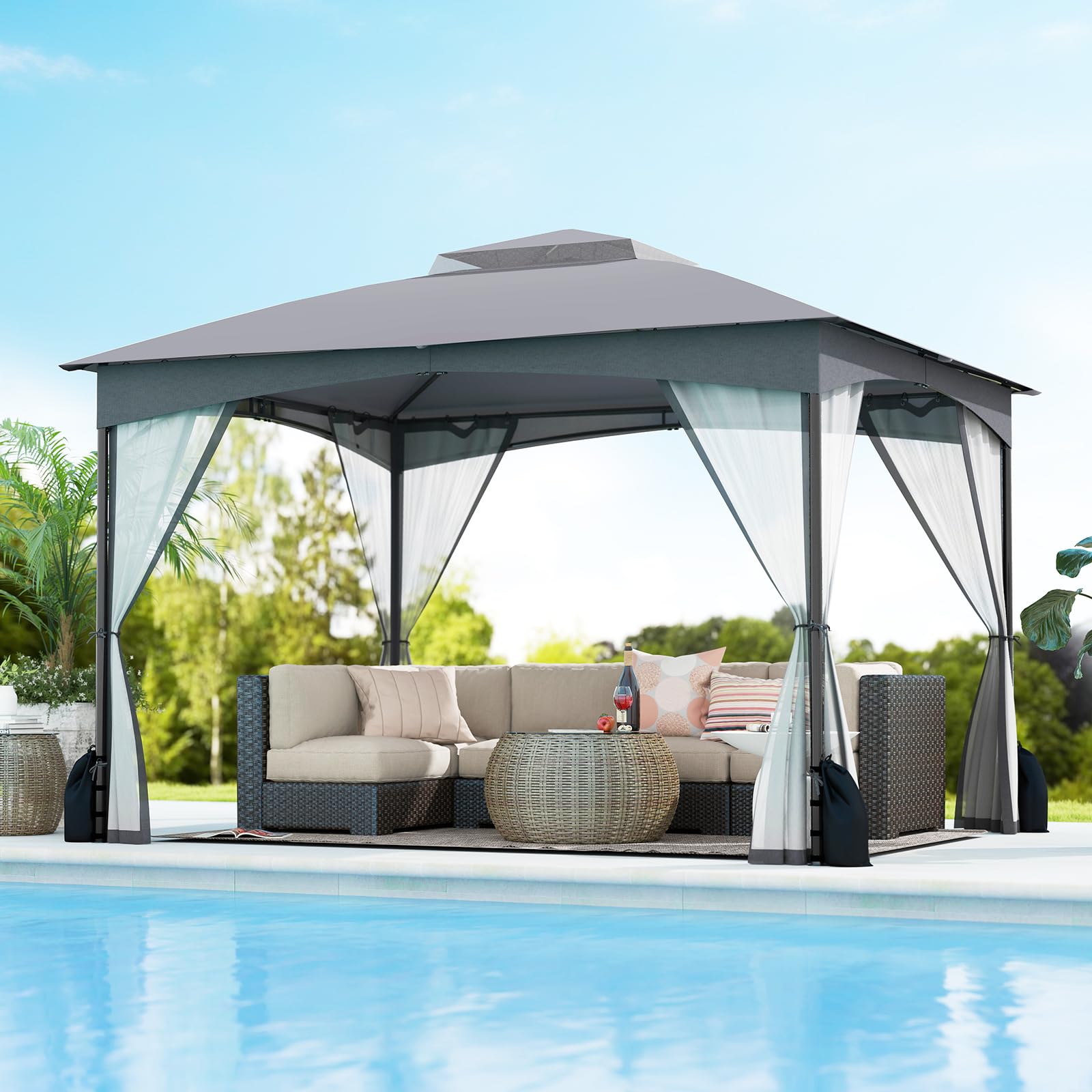 RELAX4LIFE Tonnelle de Jardin Exterieur avec Moustiquaire, Pavillon de Jardin, Protection Solaire, Cadre Métallique, Sacs de Sable, Montage sans Outil, Tente de Reception pour Terrasse Patio (Gris)