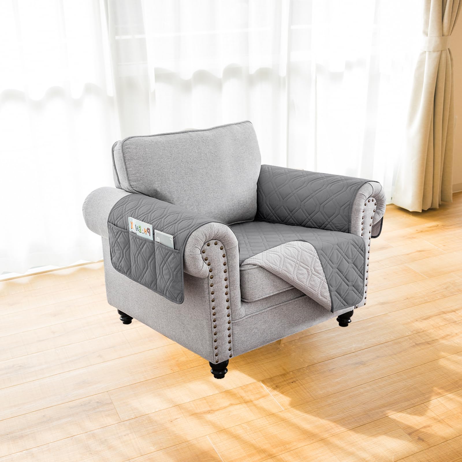 100% Wasserdicht Sofa überzug 1 Sitzer, rutschfest Sofabezug mit Tasche für Kinder, Haustiere, Hunde, Waschbare Sesselbezug,Grau,1 Seater
