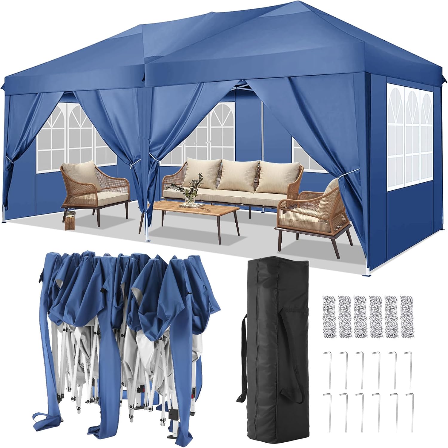 COBIZI Canopy 10x20 Pop Up Canopy Tent with 6 Sidewalls Party Tents for Parties Weddings Backyard Waterproof Canopy Outdoor Commercial Canopy Event Tent with Stakes, Ropes, Blue Blue 10x20FT with 6 sidewalls