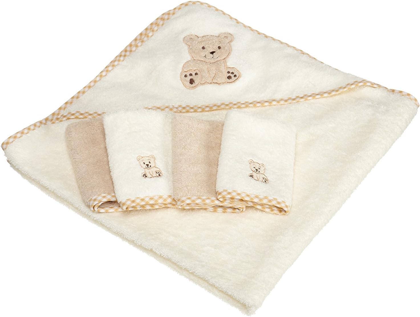 Spasilk 5-Piece Soft Terry Hooded Bath Towel and Washcloth Set, 1 Baby Towel and 4 Baby Washcloths for Newborn Boys and Girls, Brown Bear