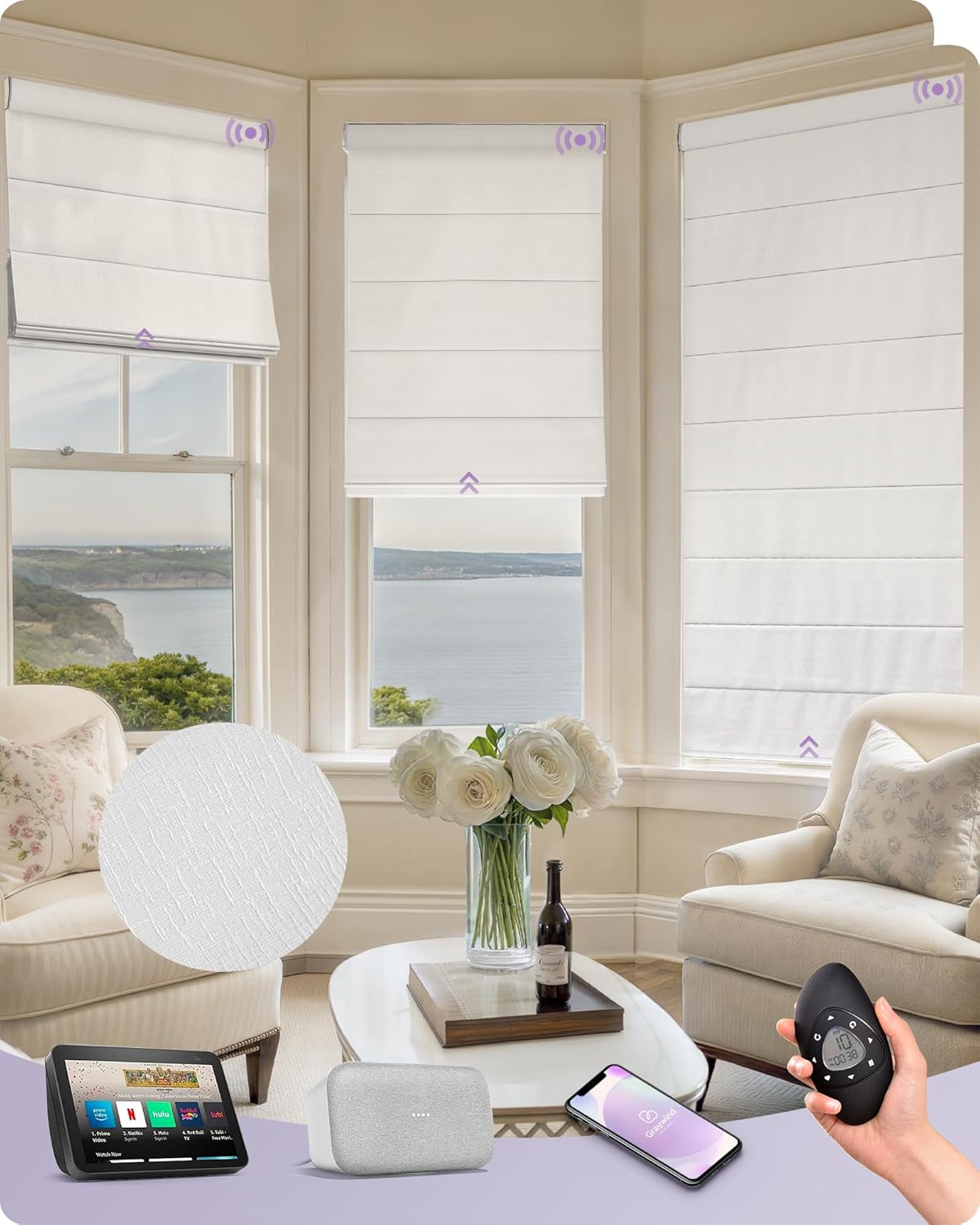 Graywind Smart Roman Shades 100% Blackout Compatible with Alexa Google Rechargeable Motorized Window Blinds Remote Control Room Darkening Plain Fold, Custom Size (Matelasse Beige)