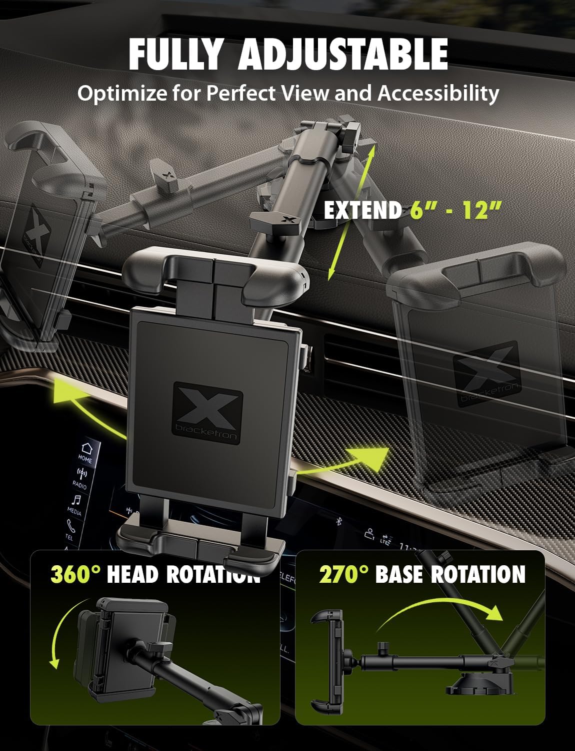 Bracketron TEKGRIP Tablet Holder for Car Windshield & Dashboard - 360° Adjustable Tablet Car Mount with Extendable Arm - Fits iPads & Tablets up to 13”