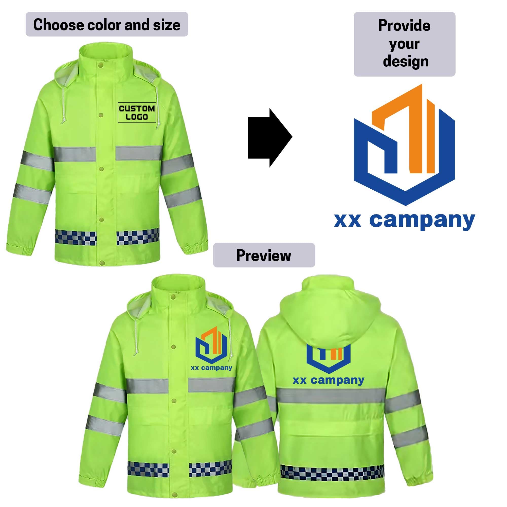 Chaqueta impermeable personalizada de alta visibilidad para hombre, logotipo/foto/texto personalizado, ropa de trabajo resistente al viento, ropa de trabajo con capucha y tira reflectante