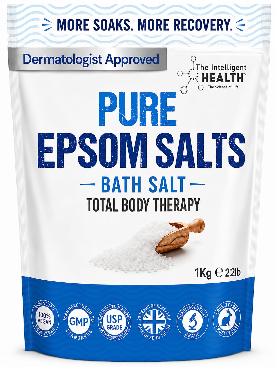 The Intelligent Health Magnesium Sulphate Bath Salts Soak, Muscle Magnesium Epsom Salts for Bathing and Foot Soaking for Women & Men - 1kg Resealable Pouch