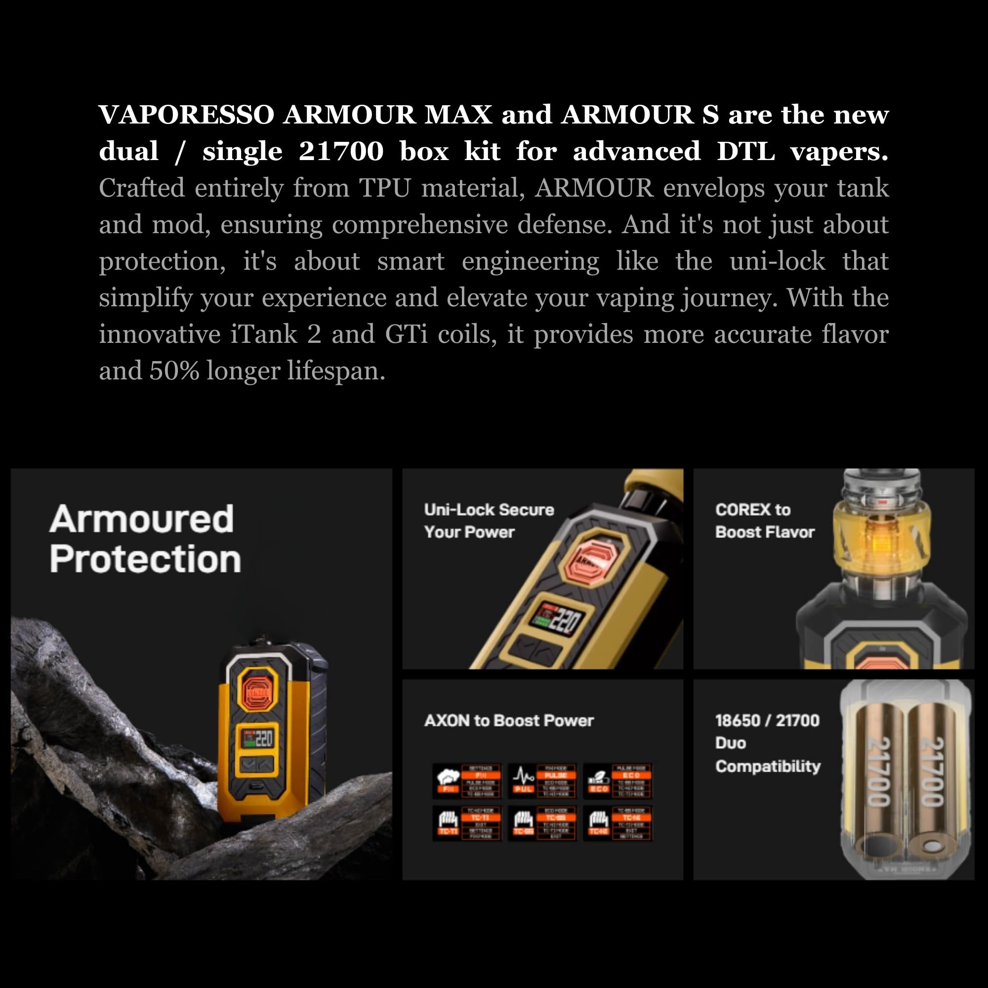 Vaporesso Armour Max Vape Mod - DTL Vaping, Multiple Modes, 5-220W  [Requires 2 x 18650 Battery or 21700 - Sold Separately] No Nicotine