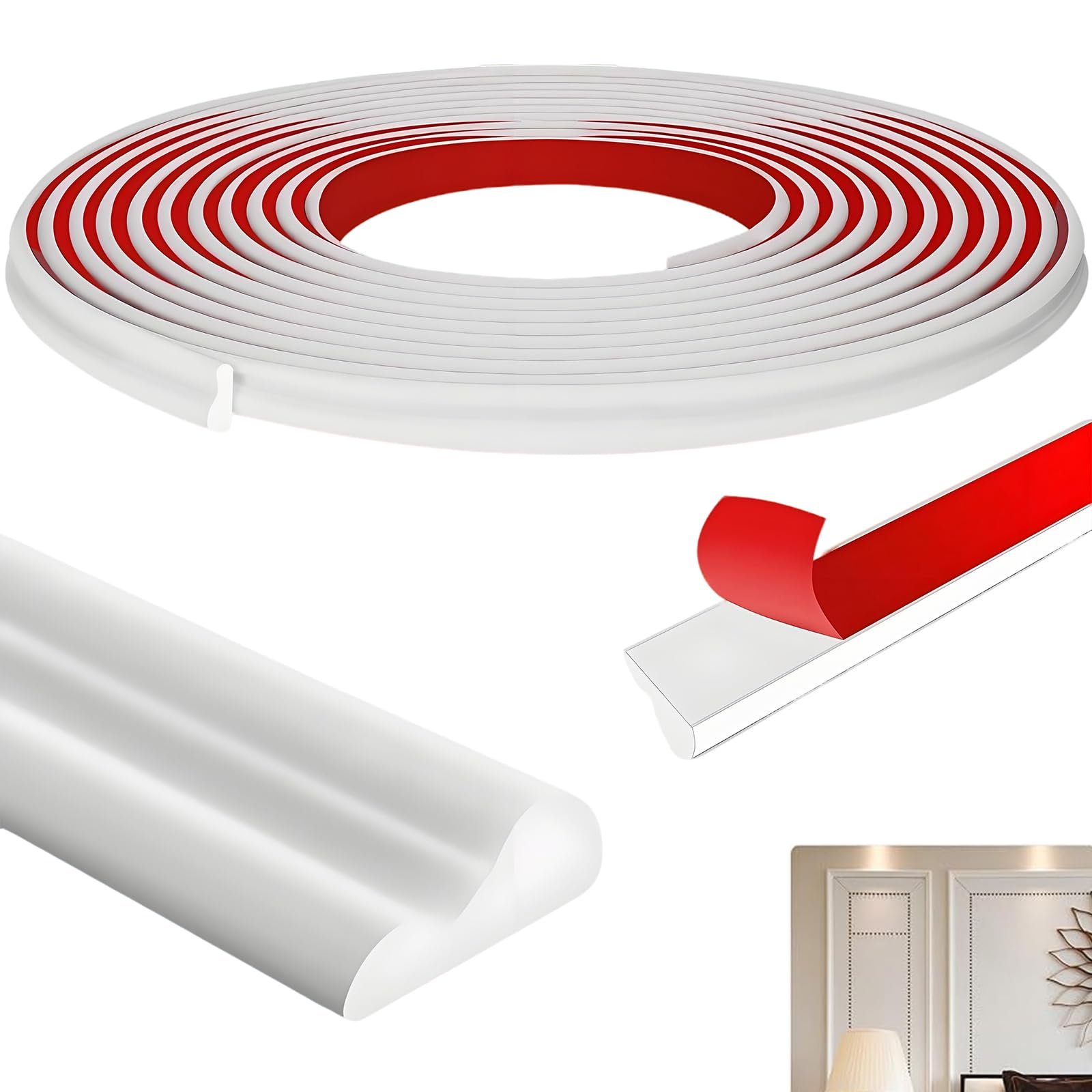 Dado Rail Self Adhesive, 6mx2.3cm Moulding Trim Self Adhesive, Beading for Wall Panelling, Flexible PVC Panel Moulding Trim for Home Decoration, Chair Rail, DIY Decoratio, Cabinet and Mirror Frame