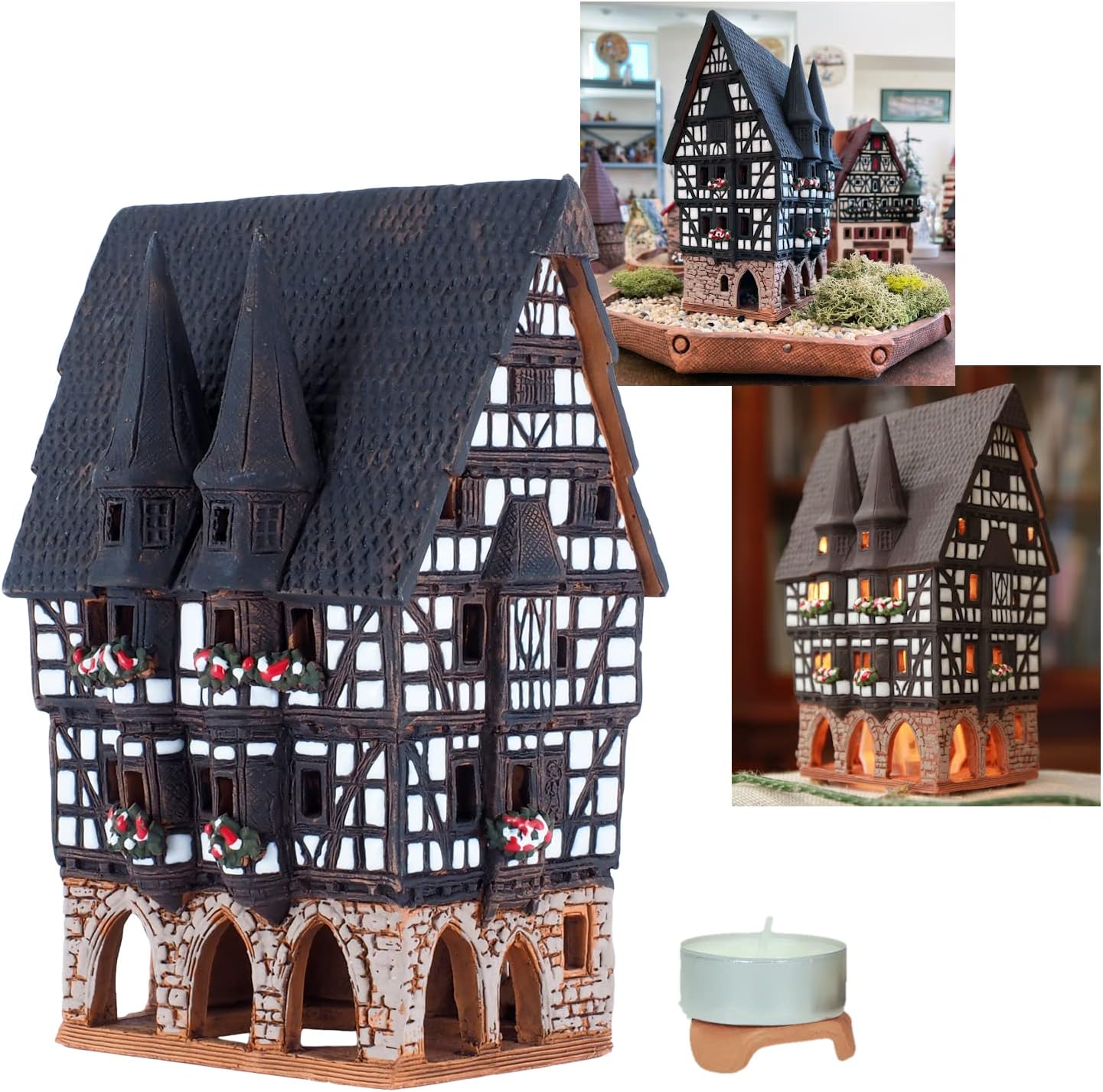 Ceramic Village Houses Collection - Collectible Handmade Miniature of Town Hall in Alsfeld Tiny House German - Tea Light Candle Holder B210N*