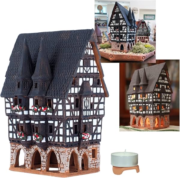 Colección de Casas de Pueblo de Cerámica - Miniatura Artesanal Coleccionable del Ayuntamiento de Alsfeld, Casa Alemana en Miniatura - Portavelas de Té B210N*