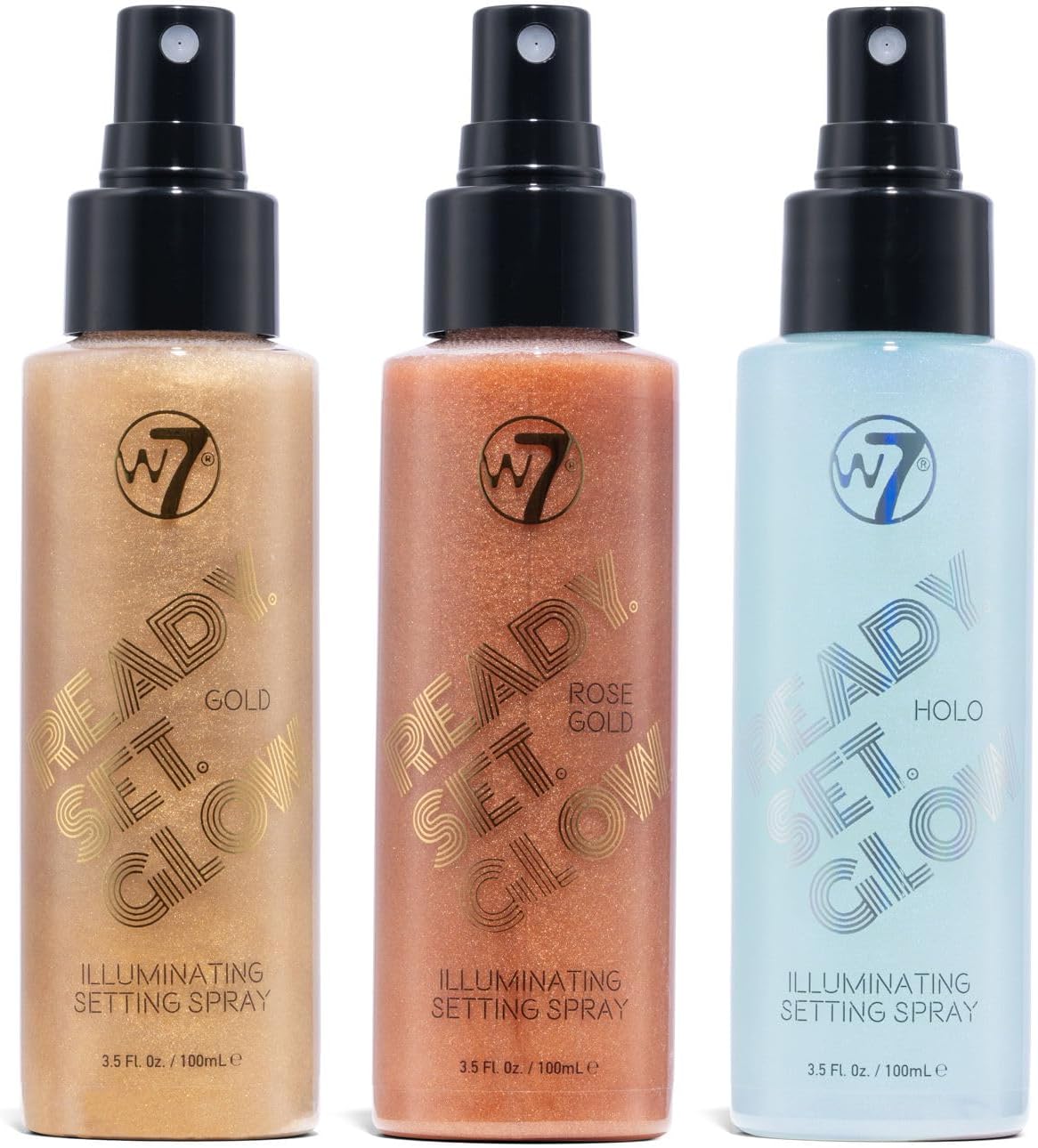 W7 Ready Set Glow Trio - 3 Piece Set - Makeup Setting Spray - Shimmer Finish - Long-Lasting, Ultra-Fine Formula (Rose Gold, Gold & Holo)
