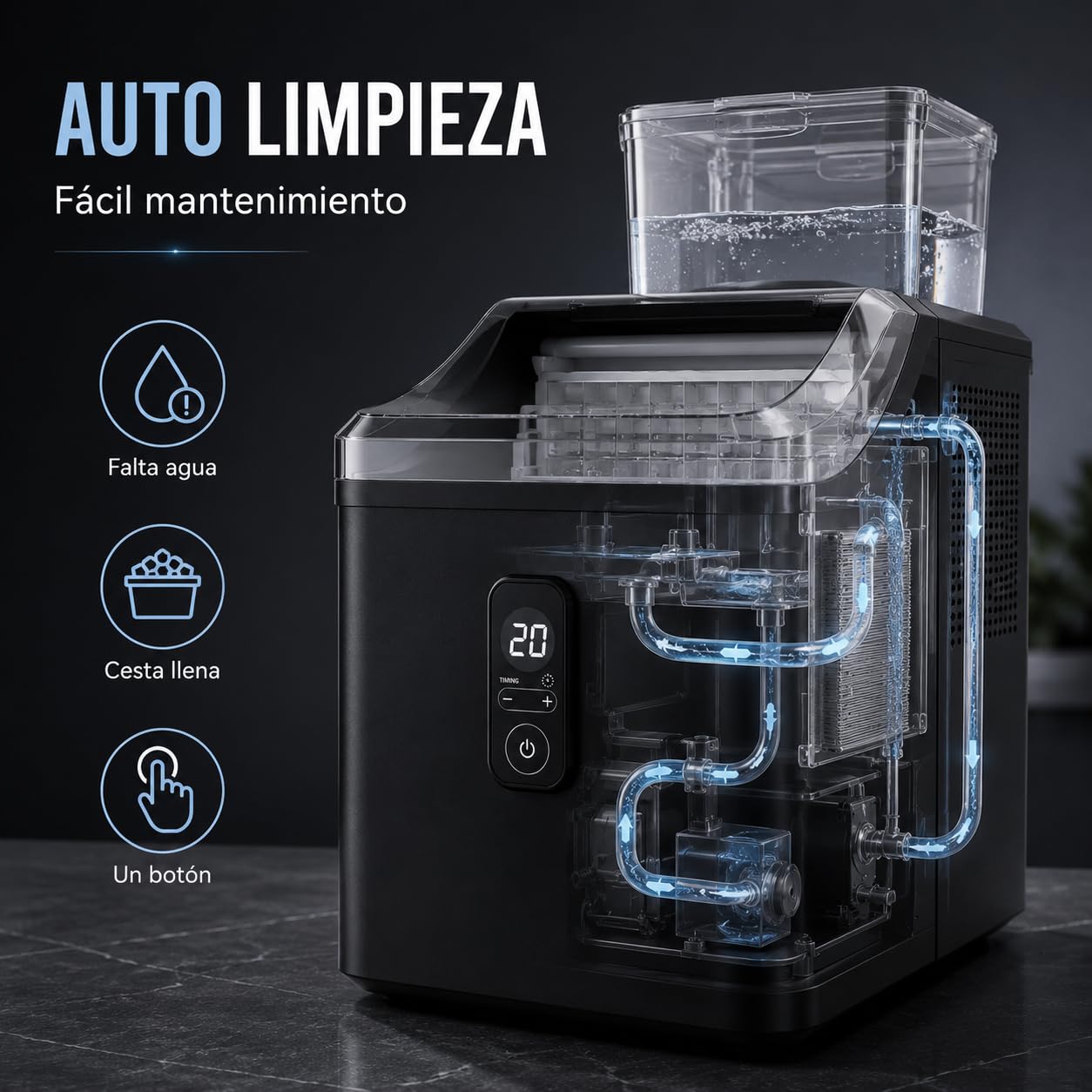 Máquina de Hielo Cubitos Cuadrados 10kg/24h, 9 Cubos en 15 Min | Cubitos transparentes ideales para whisky, cócteles y café frío. Panel digital, temporizador 24h y autolimpieza automática.