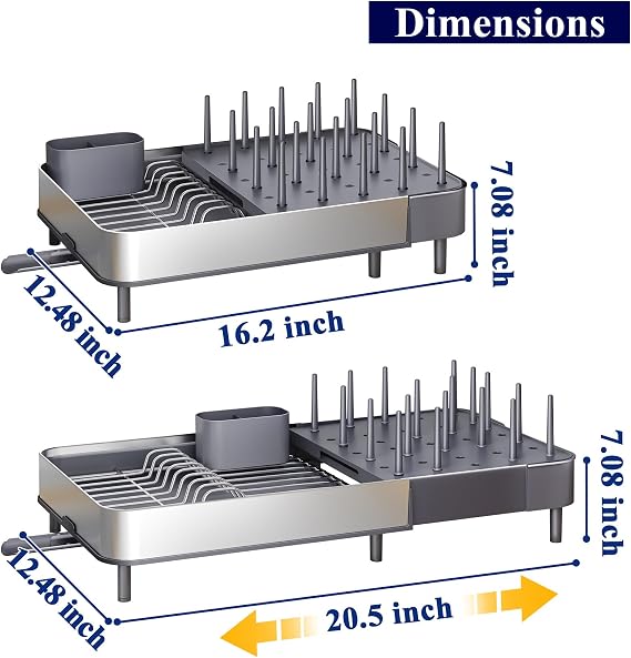 Dish Drying Rack Expandable 16.2-20.5 Stainless Steel Dish Rack for Kitchen Counter Automatic Drain Large Sink Dish Drainer for Frying Pans and Pots Gray
