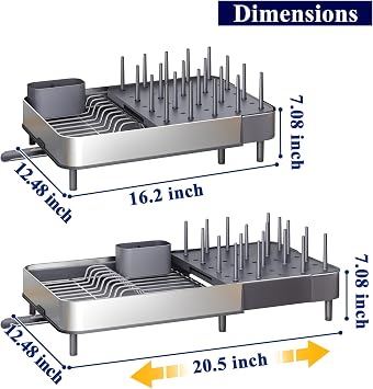 Dish Drying Rack Expandable 16.2-20.5 Stainless Steel Dish Rack for Kitchen Counter Automatic Drain Large Sink Dish Drainer for Frying Pans and Pots Gray