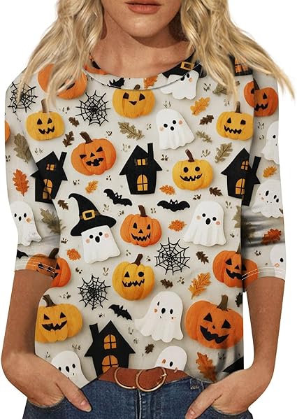 Halloween Shirts for Women 3/4 Sleeve Plus Size Crewneck Loose Fit Cute T Shirt Halloween Costumes for Women 2025