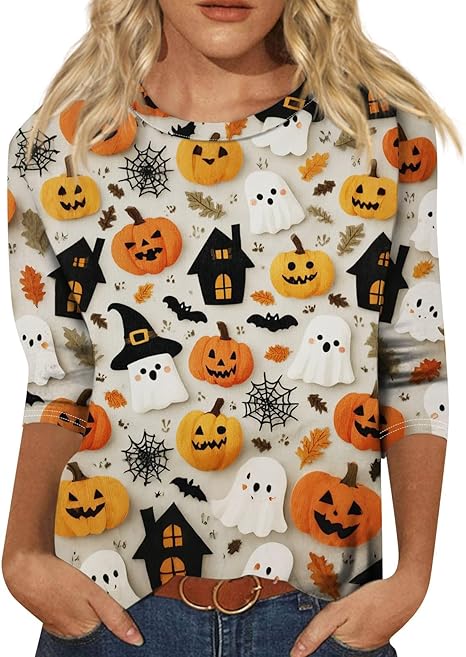 Halloween Shirts for Women 3/4 Sleeve Plus Size Crewneck Loose Fit Cute T Shirt Halloween Costumes for Women 2025