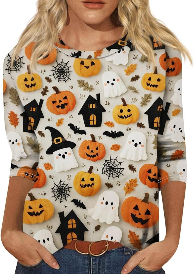 Halloween Shirts for Women 3/4 Sleeve Plus Size Crewneck Loose Fit Cute T Shirt Halloween Costumes for Women 2025