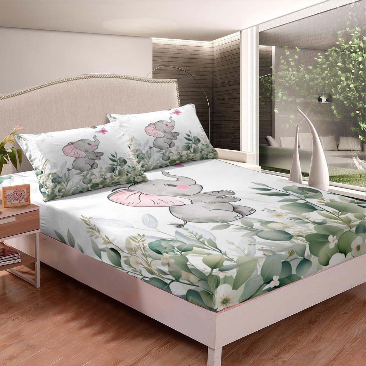 Erosebridal Cartoon Elephant Bed Sheets Set Toddler Woodland Wildlife Sheet Set, Spring Plant Bedding Full Size Eucalyptus Leaf Sheets, Jungle Animal Theme Bedding Set Kids Room Decor