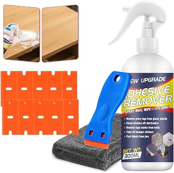 Adhesive Remover Spray 10.14Floz Sticker Remover for Cars, Stickers, Labels, Tape Residue, Glue, Chewing Gum & Caulk Works on Metal, Glass, Plastic, Car Paint & Hard Surfaces with Scraper Super